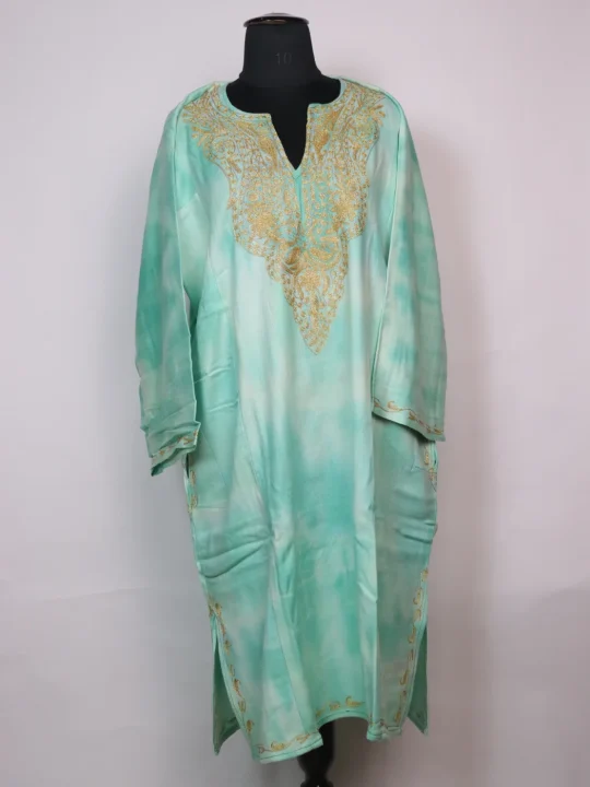 Tie Dye Kashmiri Pheran Zohra In Cashmilon With Zari Work | Aqua Green