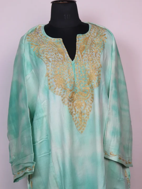 Tie Dye Kashmiri Pheran Zohra In Cashmilon With Zari Work | Aqua Green - Image 2