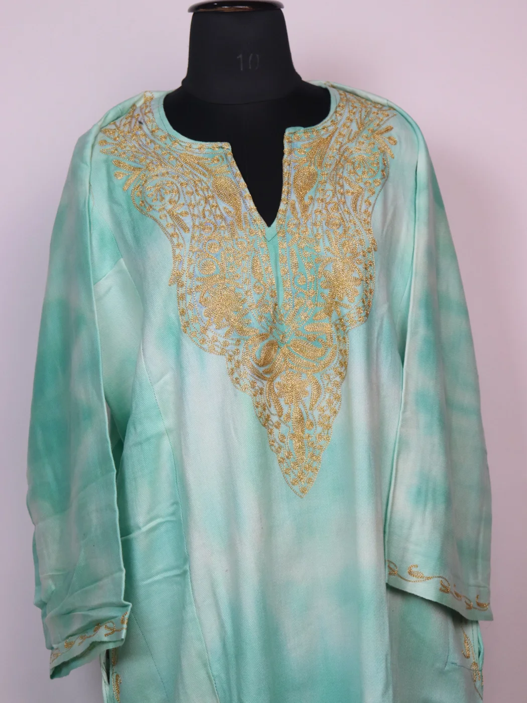 Tie Dye Kashmiri Pheran Zohra In Cashmilon With Zari Work | Aqua Green - Image 2