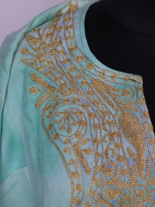 Tie Dye Kashmiri Pheran Zohra In Cashmilon With Zari Work | Aqua Green - Image 3
