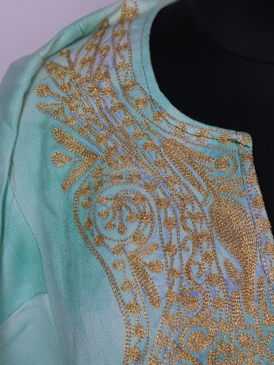 Tie Dye Kashmiri Pheran Zohra In Cashmilon With Zari Work | Aqua Green - Image 3