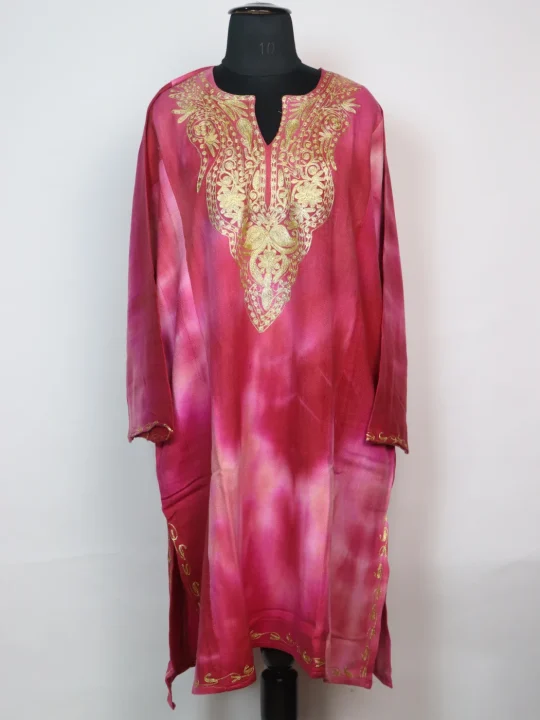 Zohra Kashmiri Pheran In Tie Dye Cashmilon With Zari Work | Rani Pink