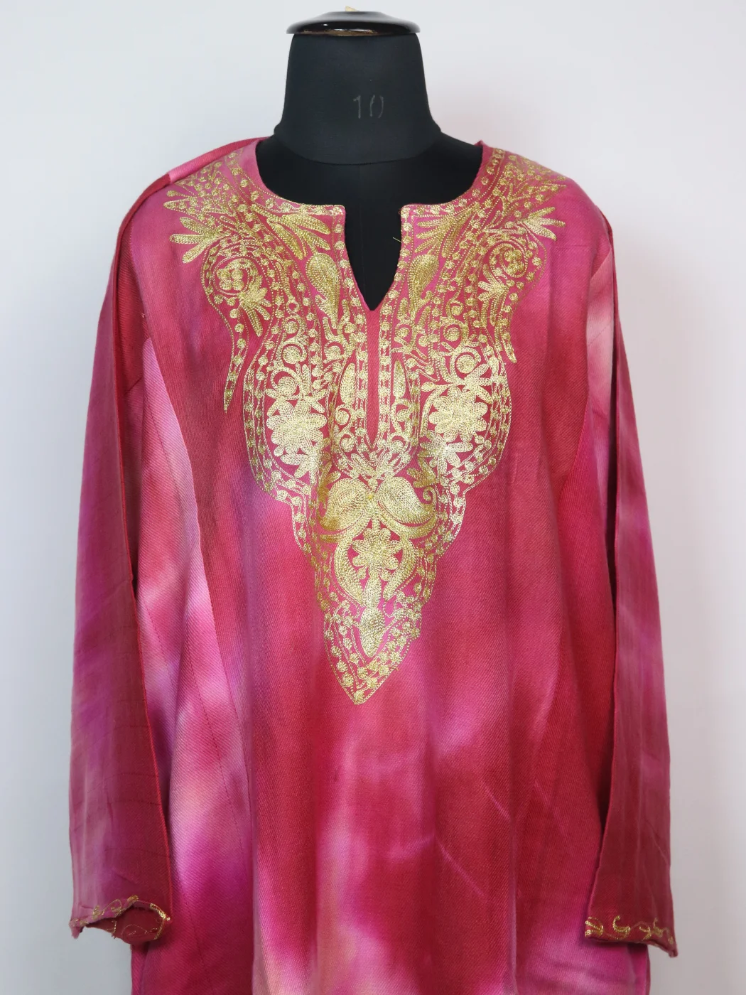 Zohra Kashmiri Pheran In Tie Dye Cashmilon With Zari Work | Rani Pink - Image 2