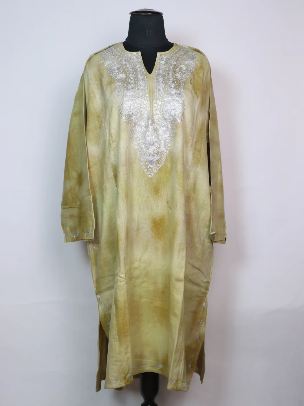 Tie Dye Kashmiri Pheran Zohra In Cashmilon With Zari Work | Olive Green