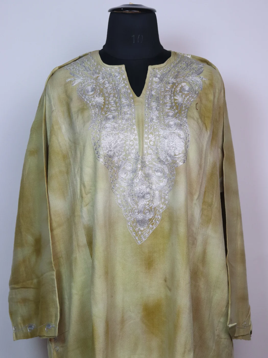 Tie Dye Kashmiri Pheran Zohra In Cashmilon With Zari Work | Olive Green - Image 2