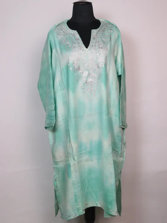 Mint Green Kashmiri Pheran In Tie Dye Cashmilon With Zari Work |  Zohra