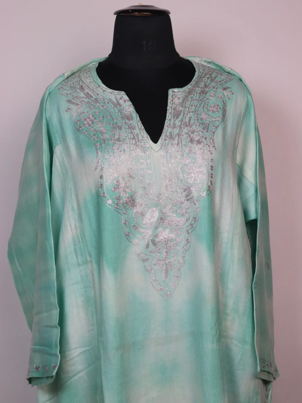 Mint Green Kashmiri Pheran In Tie Dye Cashmilon With Zari Work | Zohra - Image 2