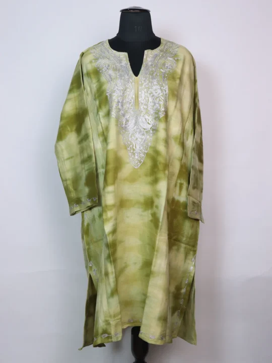 Zohra Kashmiri Pheran In Tie Dye Cashmilon With Zari Work | Olive Green