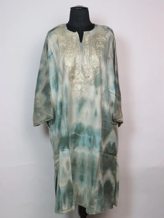 Kashmiri Pheran Zohra In Tie Dye Cashmilon With Zari Work | Greyish Green