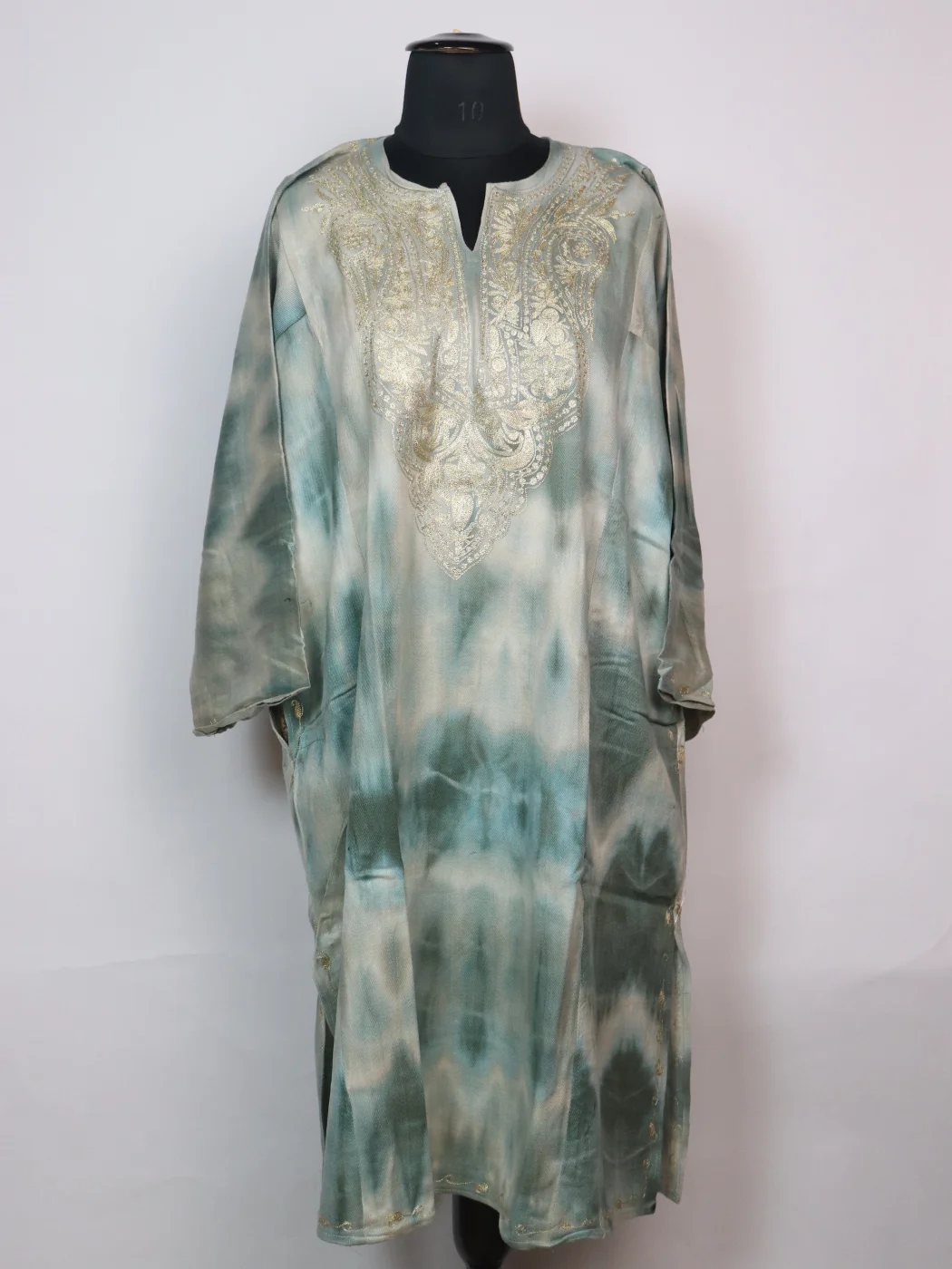 Kashmiri Pheran Zohra In Tie Dye Cashmilon With Zari Work | Greyish Green