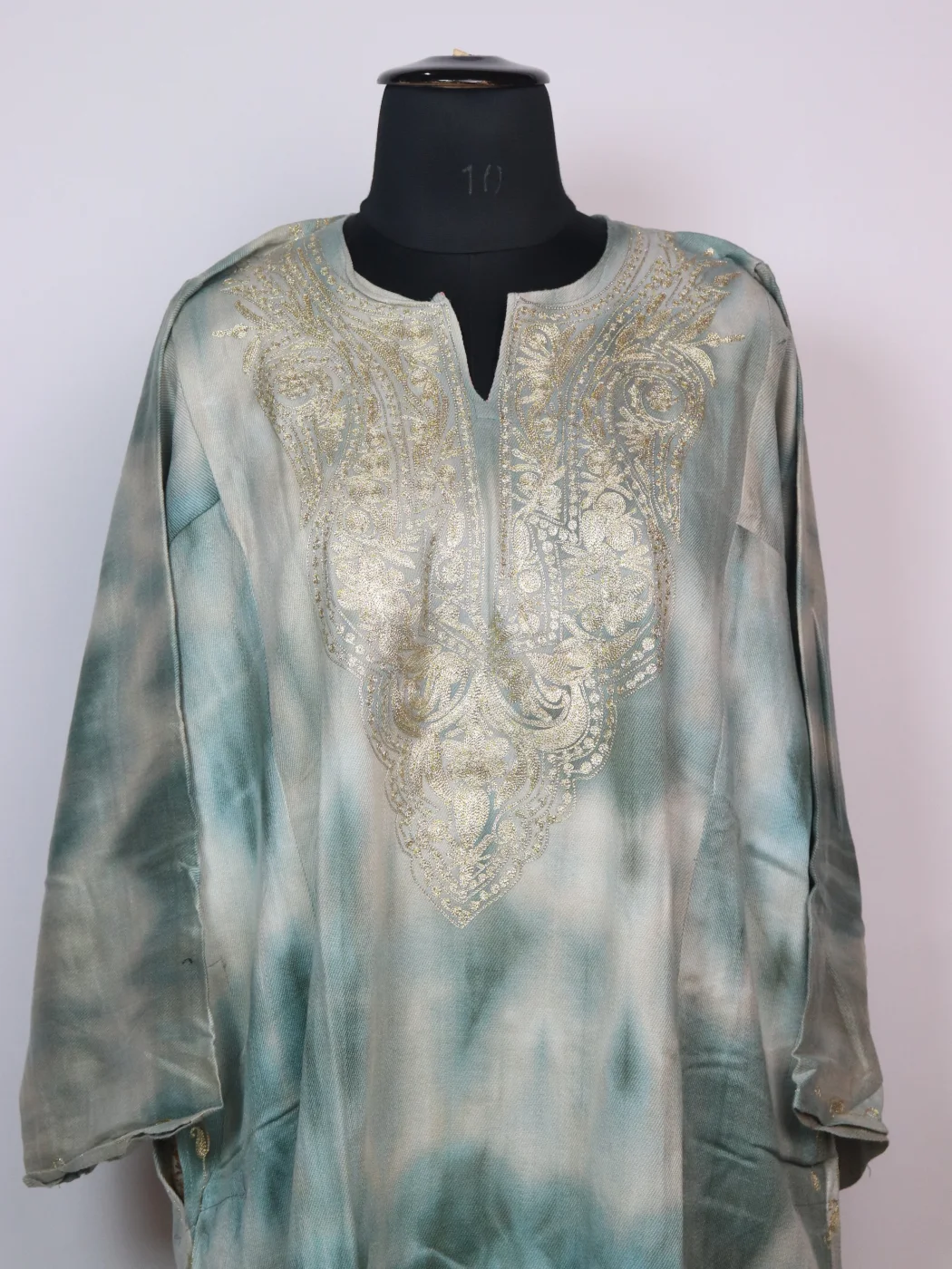 Kashmiri Pheran Zohra In Tie Dye Cashmilon With Zari Work | Greyish Green - Image 2