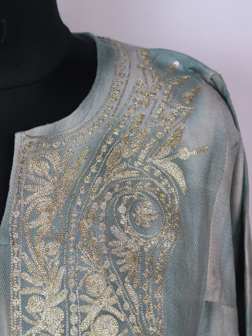 Kashmiri Pheran Zohra In Tie Dye Cashmilon With Zari Work | Greyish Green - Image 3
