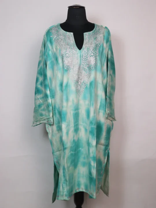 Kashmiri Pheran In Cashmilon With Tie Dye And Zari Work Zohra | Aqua Green