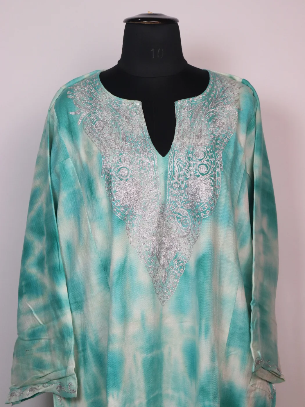 Kashmiri Pheran In Cashmilon With Tie Dye And Zari Work Zohra | Aqua Green - Image 2