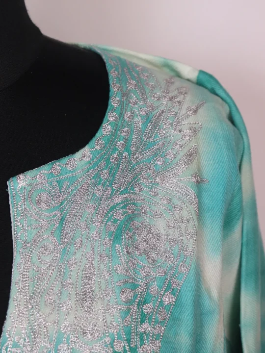 Kashmiri Pheran In Cashmilon With Tie Dye And Zari Work Zohra | Aqua Green - Image 3