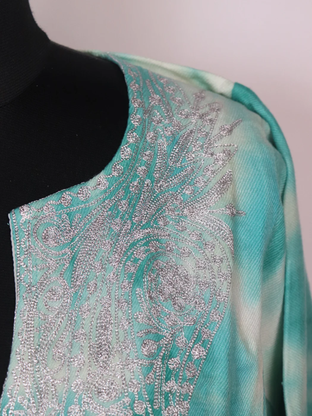 Kashmiri Pheran In Cashmilon With Tie Dye And Zari Work Zohra | Aqua Green - Image 3