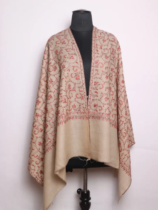 Uzma Kashmiri Stole In Toosha Wool With Hand Sozni | Beige