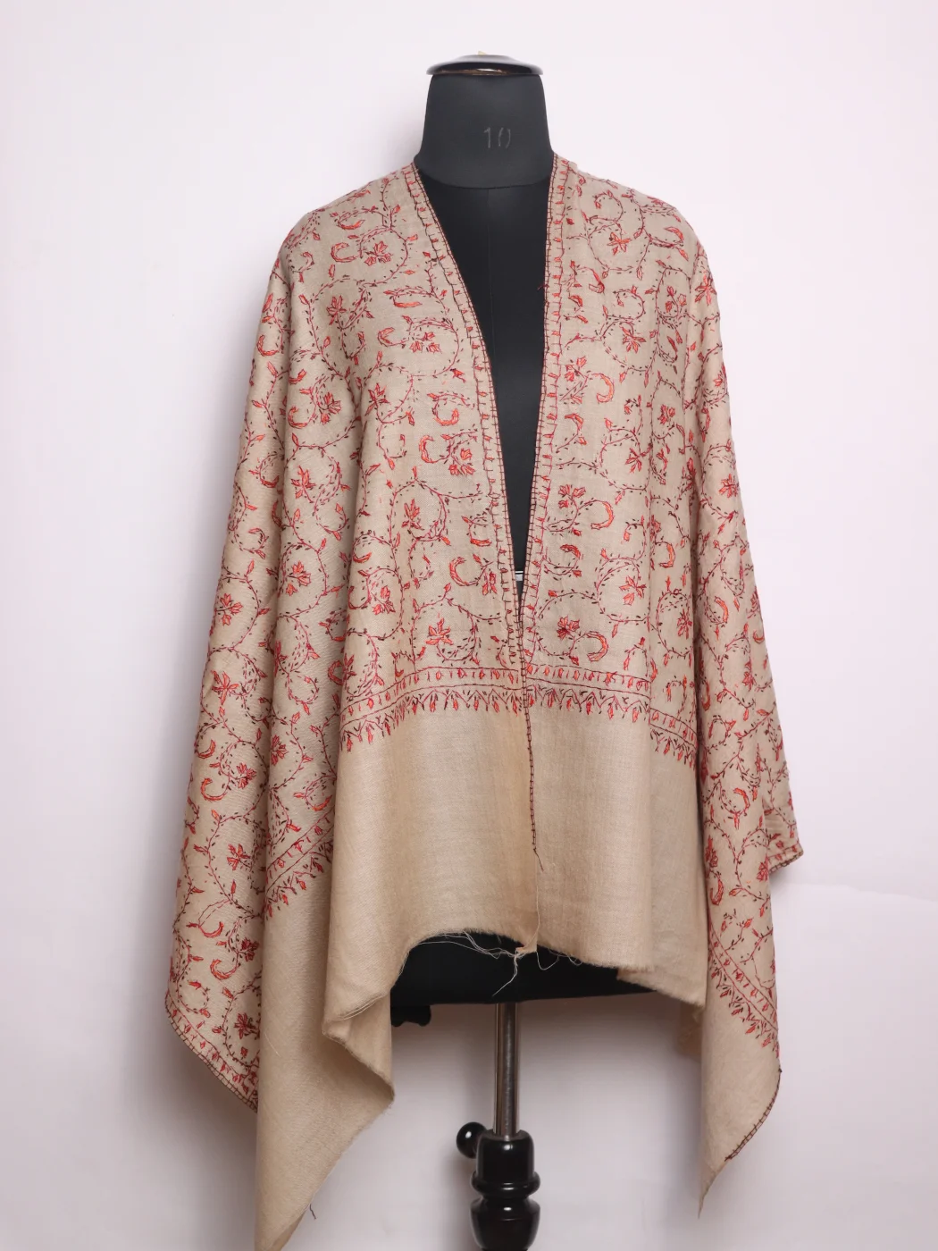 Uzma Kashmiri Stole In Toosha Wool With Hand Sozni | Beige