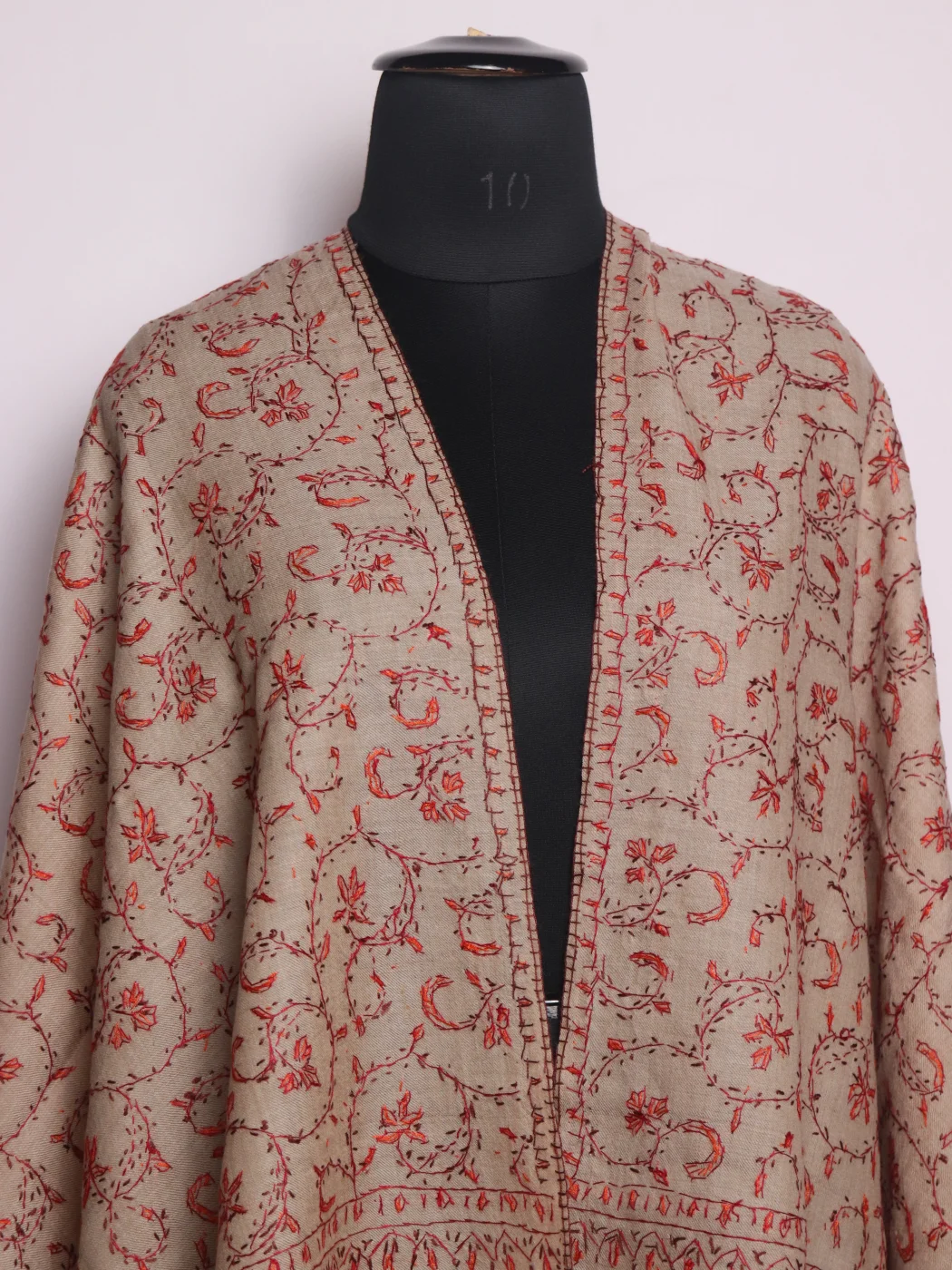 Uzma Kashmiri Stole In Toosha Wool With Hand Sozni | Beige - Image 2