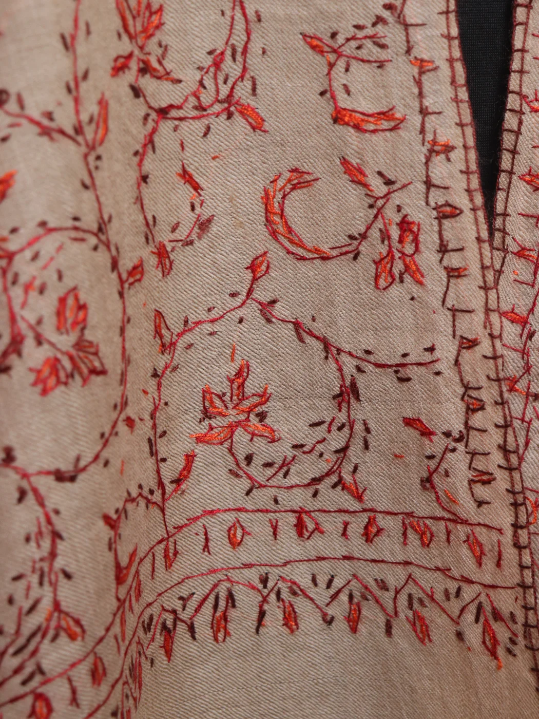 Uzma Kashmiri Stole In Toosha Wool With Hand Sozni | Beige - Image 3
