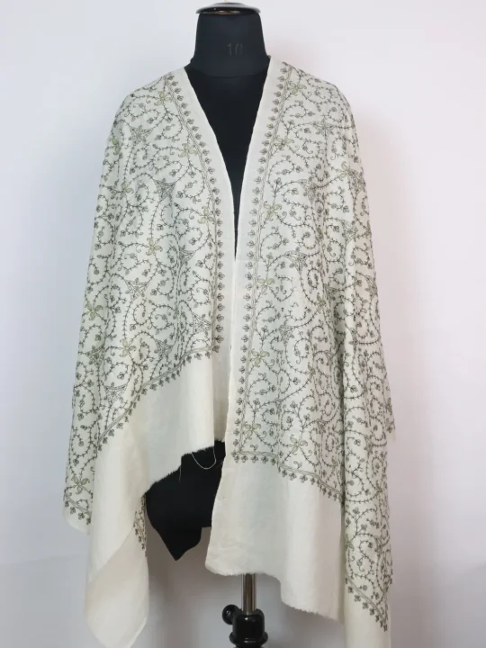 Uzma Kashmiri Stole In Toosha Wool With Sozni Work | White