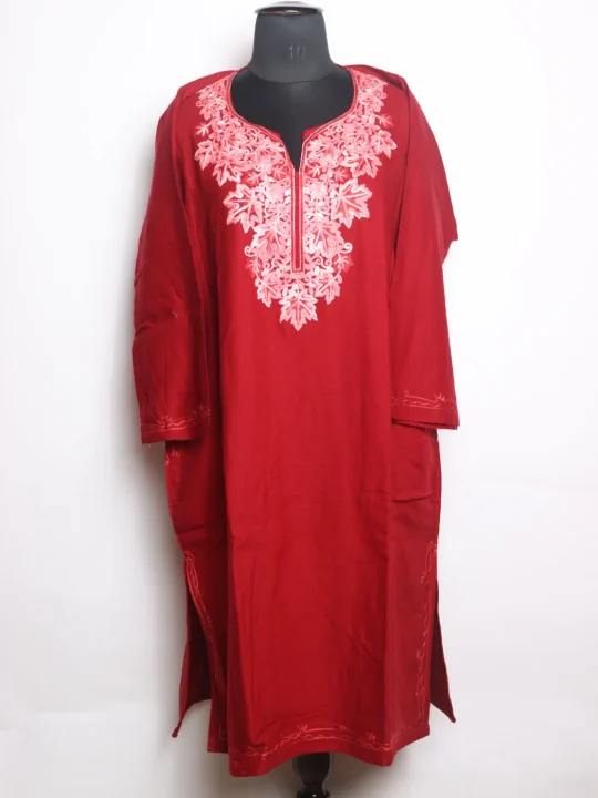 Kashmiri Pheran Siyam In Cashmilon wool With Aari Embroidery | Wine