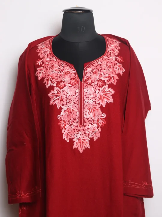 Kashmiri Pheran Siyam In Cashmilon wool With Aari Embroidery | Wine - Image 2