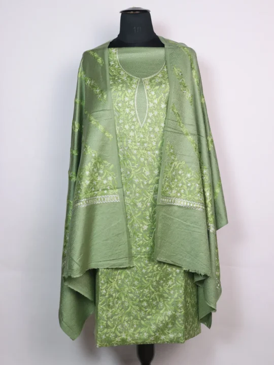 Areej Kashmiri Woolen Suit In Light Green With Aari And Zari Jaal Work With Dupatta 3Pc