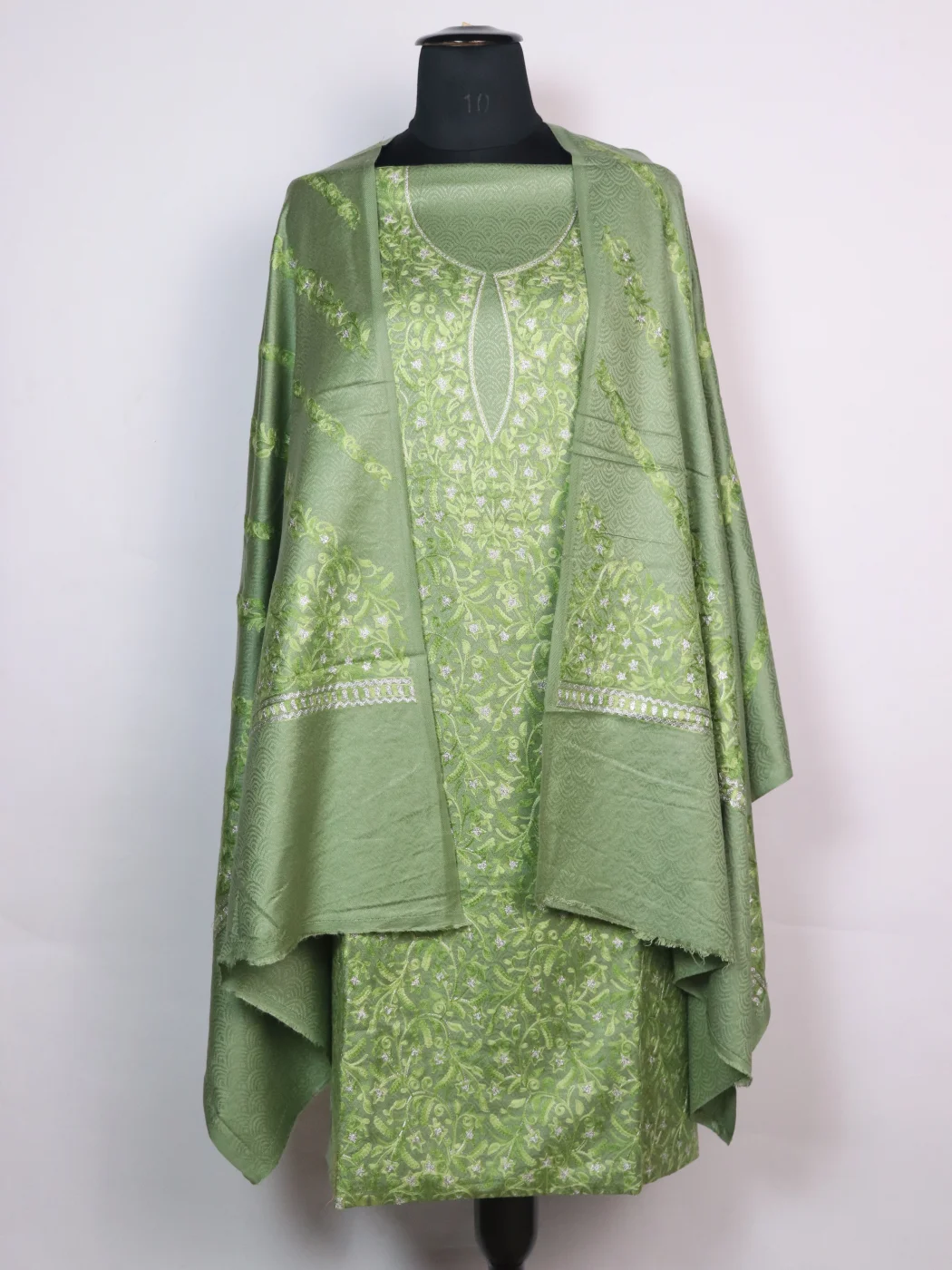 Areej Kashmiri Woolen Suit In Light Green With Aari And Zari Jaal Work With Dupatta 3Pc