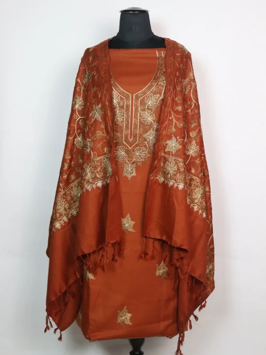 Nuzhat Kashmiri Woolen Suit With Chinar Gala Aari And Zari Work With Dupatta 3Pc | Rust Orange