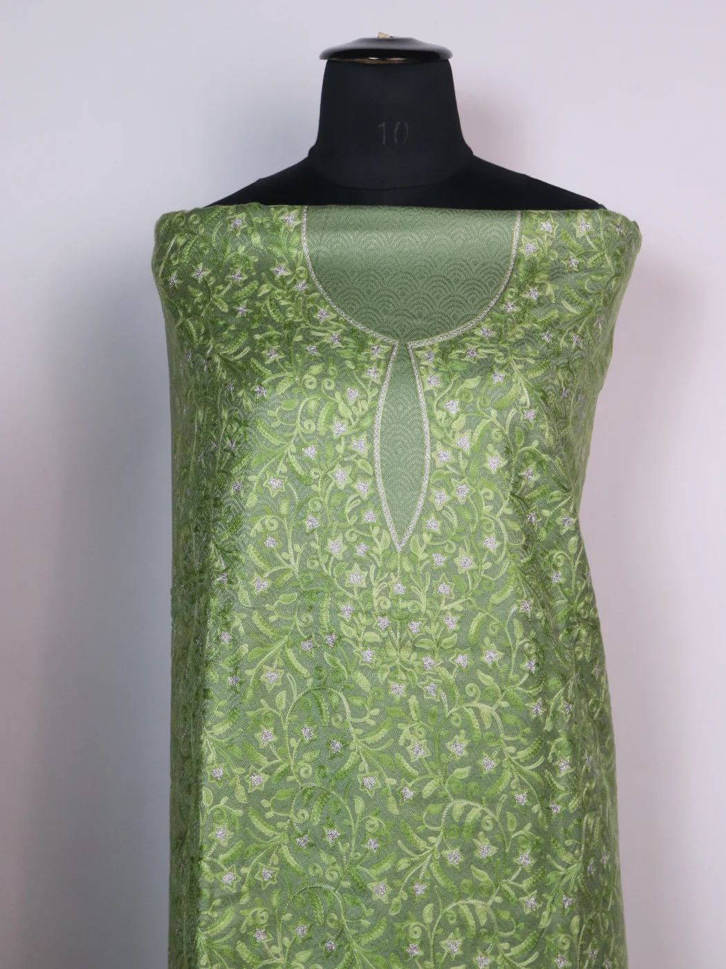 Areej Kashmiri Woolen Suit In Light Green With Aari And Zari Jaal Work With Dupatta 3Pc - Image 2