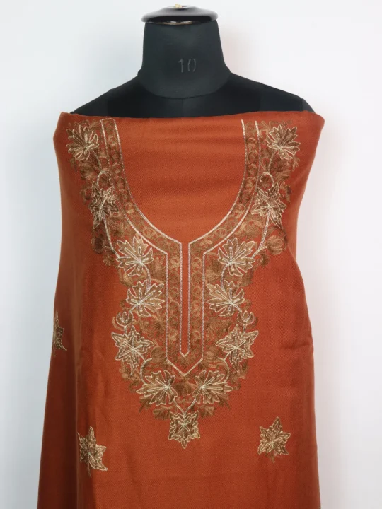 Nuzhat Kashmiri Woolen Suit With Chinar Gala Aari And Zari Work With Dupatta 3Pc | Rust Orange - Image 2