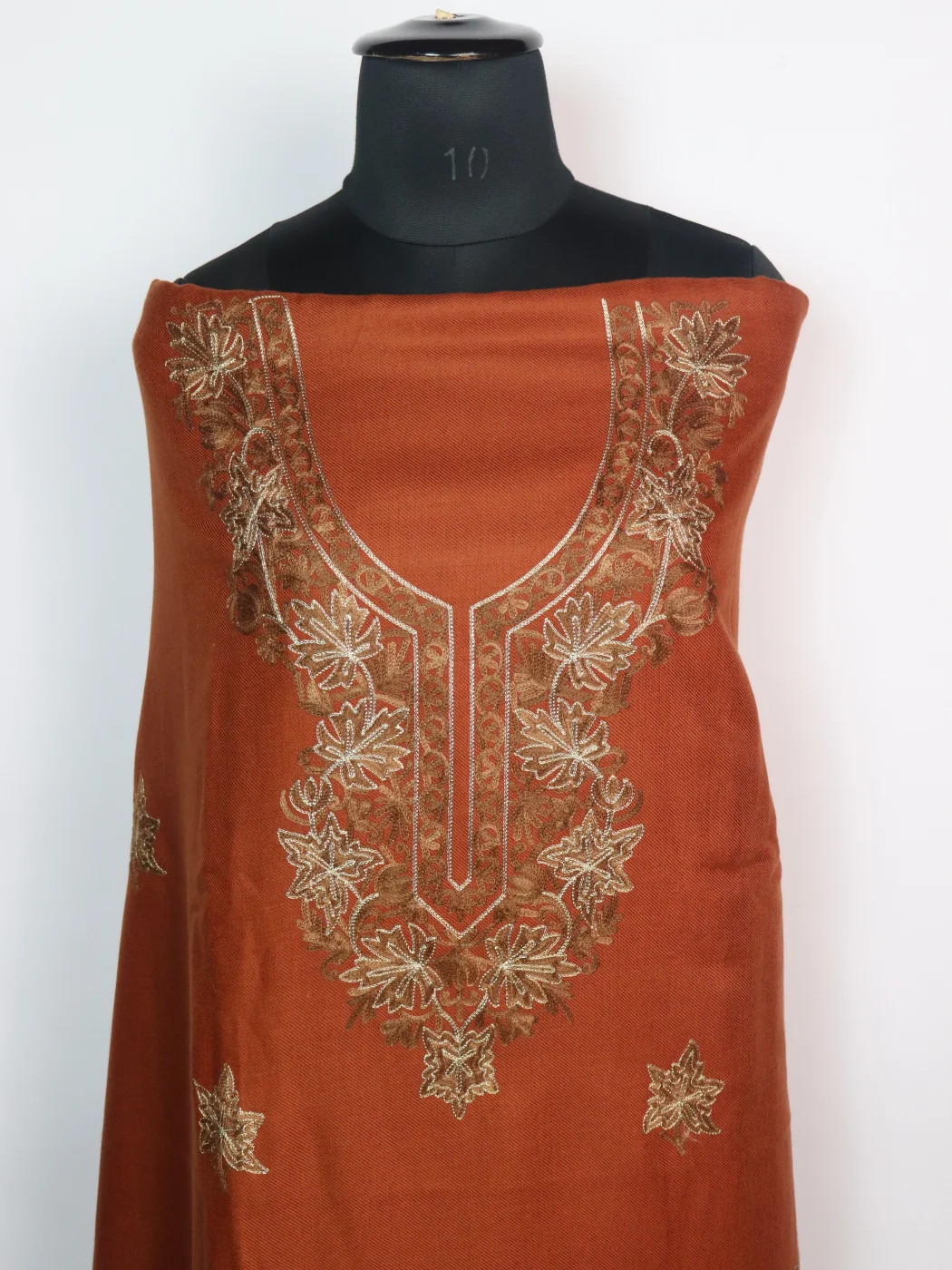 Nuzhat Kashmiri Woolen Suit With Chinar Gala Aari And Zari Work With Dupatta 3Pc | Rust Orange - Image 2