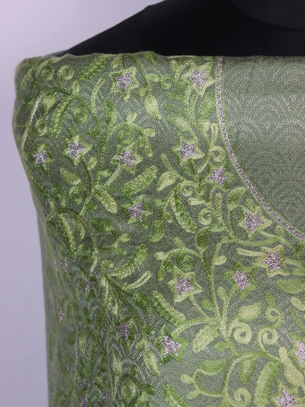 Areej Kashmiri Woolen Suit In Light Green With Aari And Zari Jaal Work With Dupatta 3Pc - Image 3