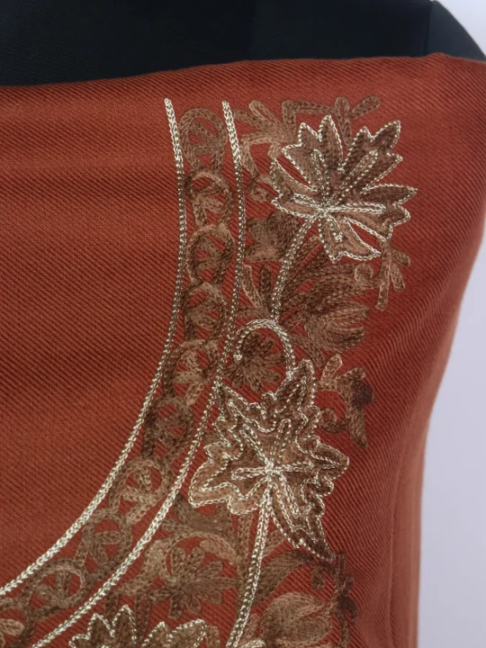 Nuzhat Kashmiri Woolen Suit With Chinar Gala Aari And Zari Work With Dupatta 3Pc | Rust Orange - Image 3