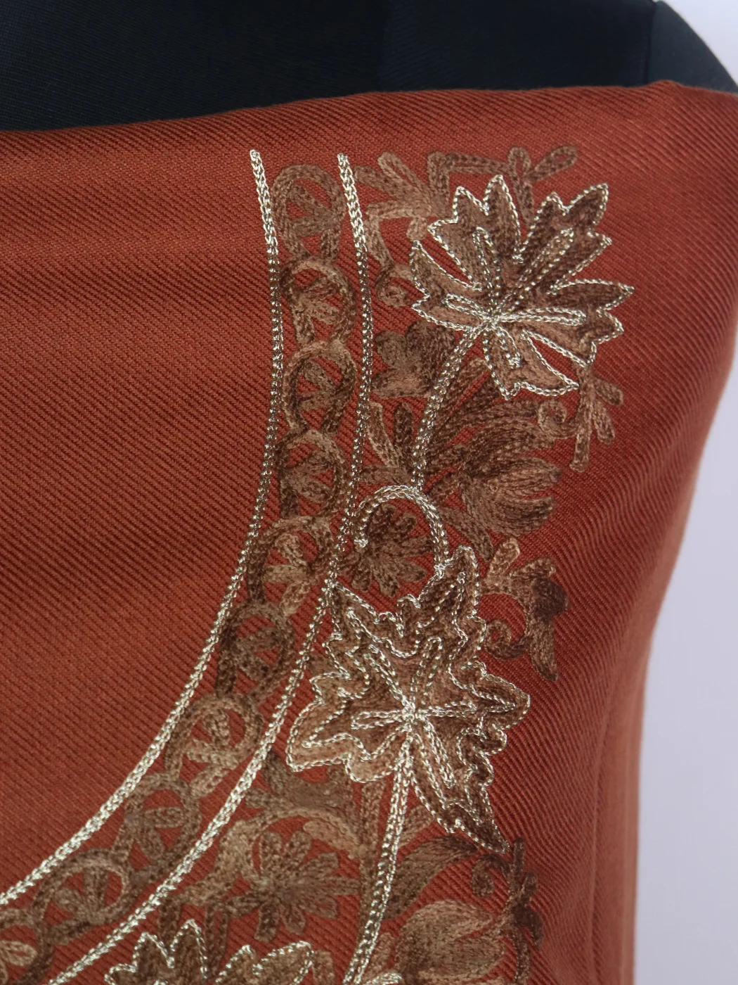Nuzhat Kashmiri Woolen Suit With Chinar Gala Aari And Zari Work With Dupatta 3Pc | Rust Orange - Image 3