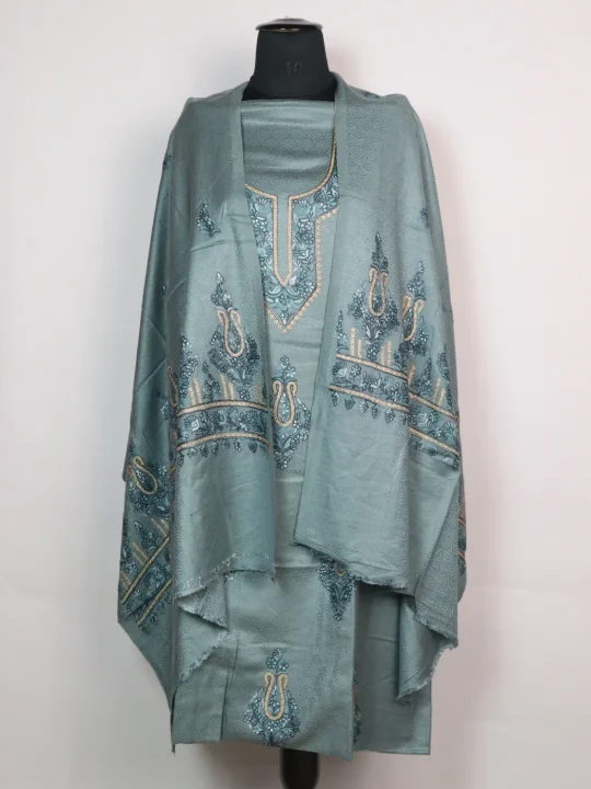 Kashmiri Green Woolen Suit In Wool With Aari And Zari Work With Dupatta 3Pc | Haseena