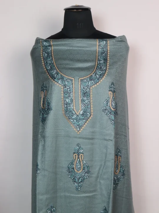 Kashmiri Green Woolen Suit In Wool With Aari And Zari Work With Dupatta 3Pc | Haseena - Image 2