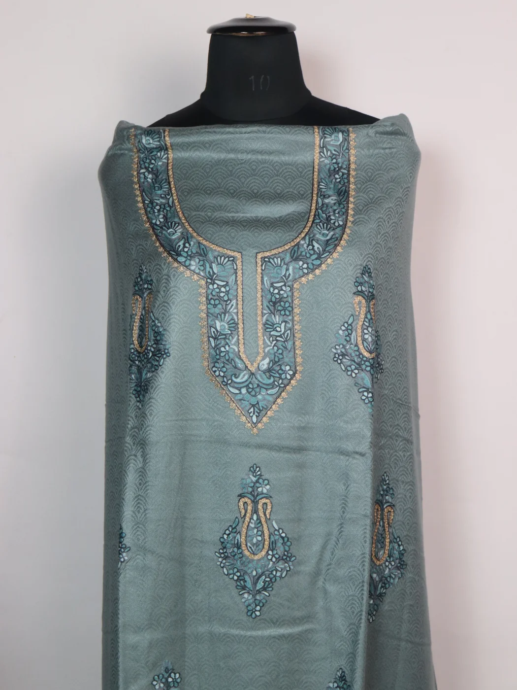 Kashmiri Green Woolen Suit In Wool With Aari And Zari Work With Dupatta 3Pc | Haseena - Image 2