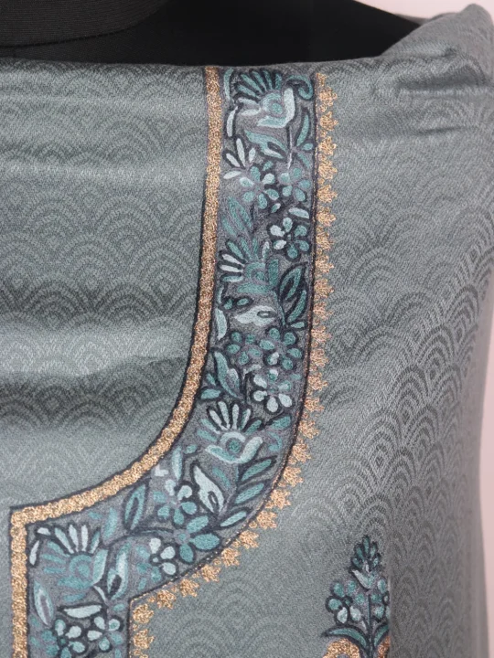 Kashmiri Green Woolen Suit In Wool With Aari And Zari Work With Dupatta 3Pc | Haseena - Image 3