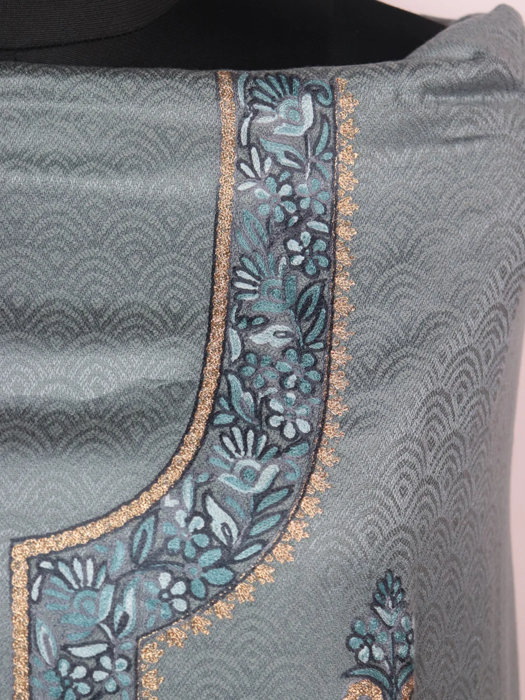 Kashmiri Green Woolen Suit In Wool With Aari And Zari Work With Dupatta 3Pc | Haseena - Image 3