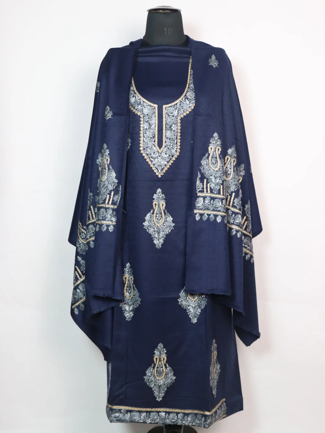 Mahjabeen Blue Woolen Suit With Aari And Zari Work With Dupatta 3Pc
