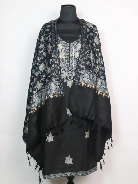 Black Woolen Suit With Chinar Gala Aari And Zari Work With Dupatta 3Pc | Sarwa