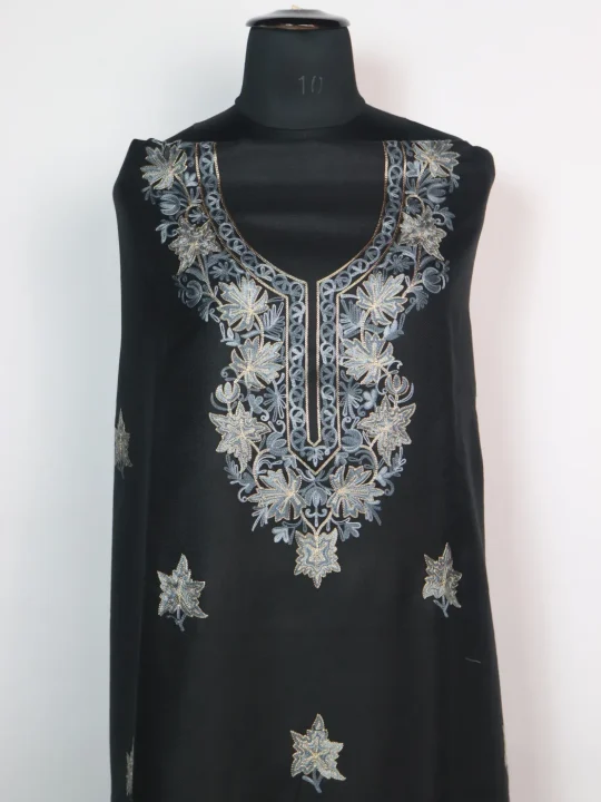 Black Woolen Suit With Chinar Gala Aari And Zari Work With Dupatta 3Pc | Sarwa - Image 2