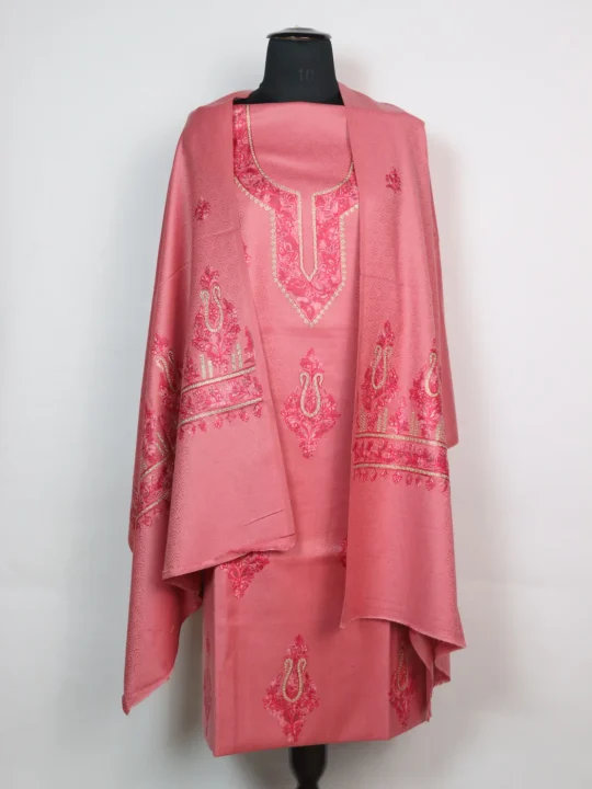 Shahana Kashmiri Woolen Suit With Aari And Zari Work With Dupatta 3Pc | Pink