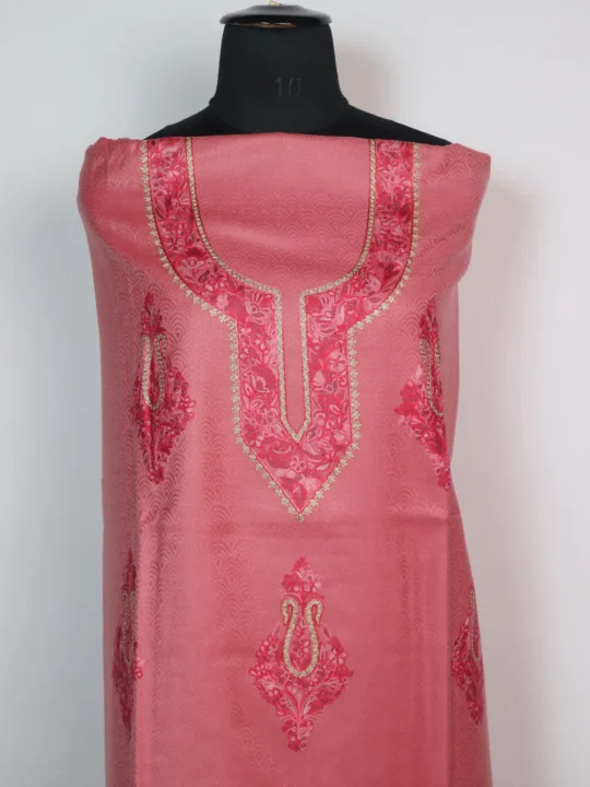 Shahana Kashmiri Woolen Suit With Aari And Zari Work With Dupatta 3Pc | Pink - Image 2