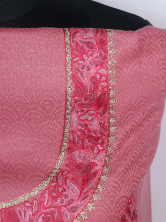 Shahana Kashmiri Woolen Suit With Aari And Zari Work With Dupatta 3Pc | Pink - Image 3