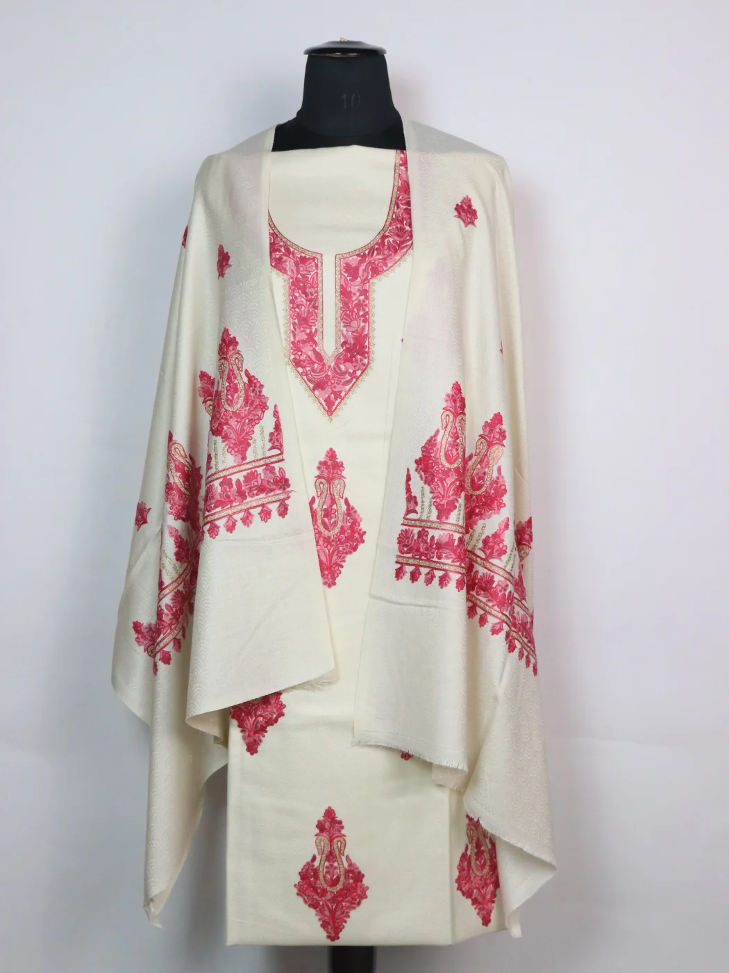 White Kashmiri Woolen Suit With Aari And Zari Work With Dupatta 3Pc | Suhaila