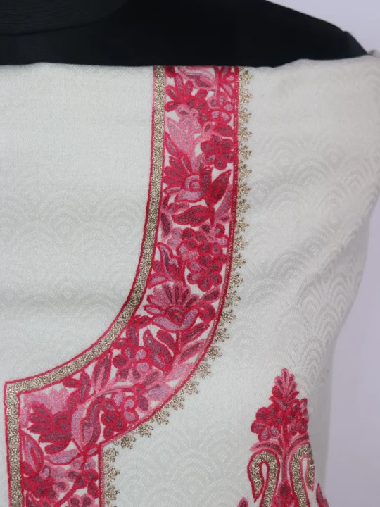 White Kashmiri Woolen Suit With Aari And Zari Work With Dupatta 3Pc | Suhaila - Image 3