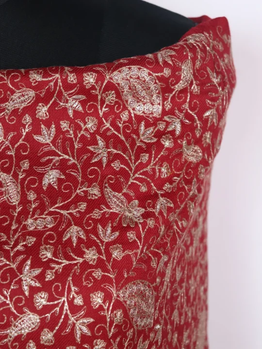 Red Wool Suit In Zari Work With Dupatta 3Pc | Zehra - Image 3